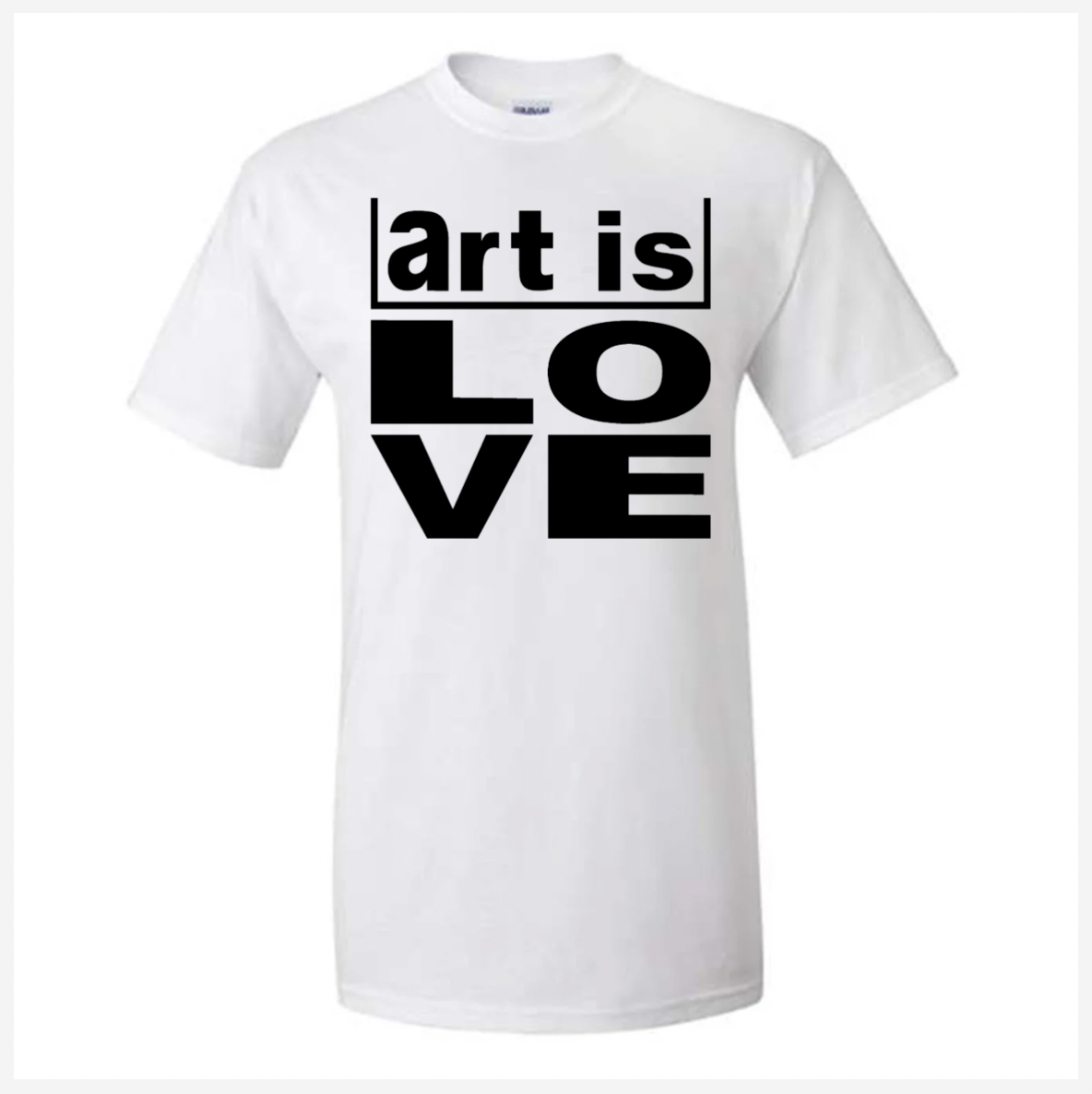 White t-shirt with 'art is LOVE' text on a white background