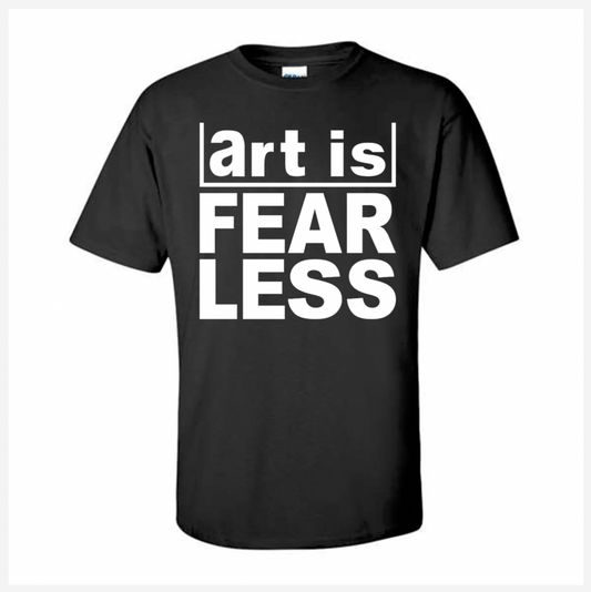 Black t-shirt with 'art is FEARLESS' text on a white background