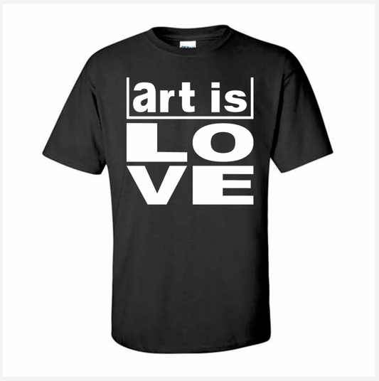 Black t-shirt with 'art is love' text on a white background
