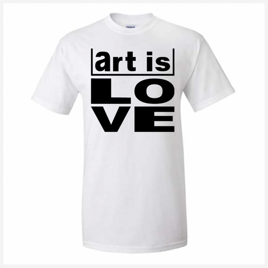 White t-shirt with 'art is LOVE' text on a white background